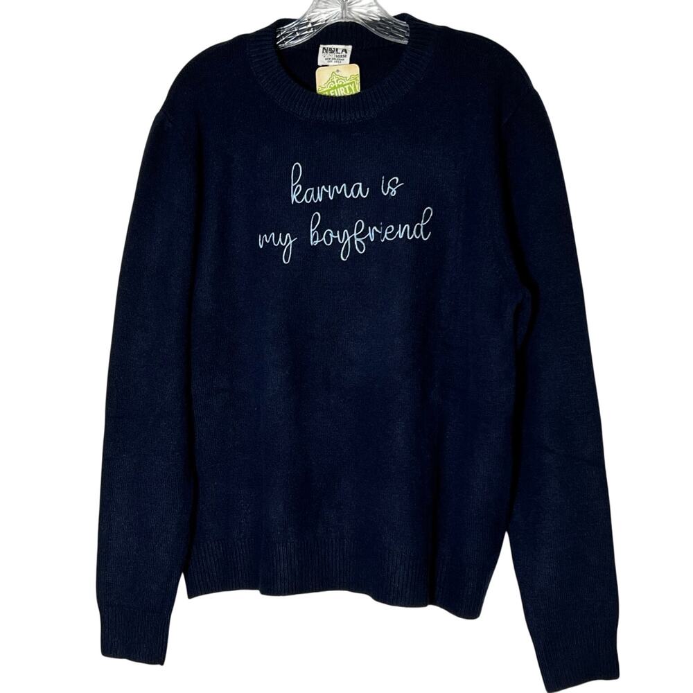 Nola Verse Karma Is My Boyfriend Women's Pullover Sweater Navy Blue Size Medium